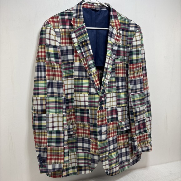 Nautica Mens Madras Patchwork  Brielle Blazer Jacket Size 44L Cotton Preppy - Picture 2 of 13